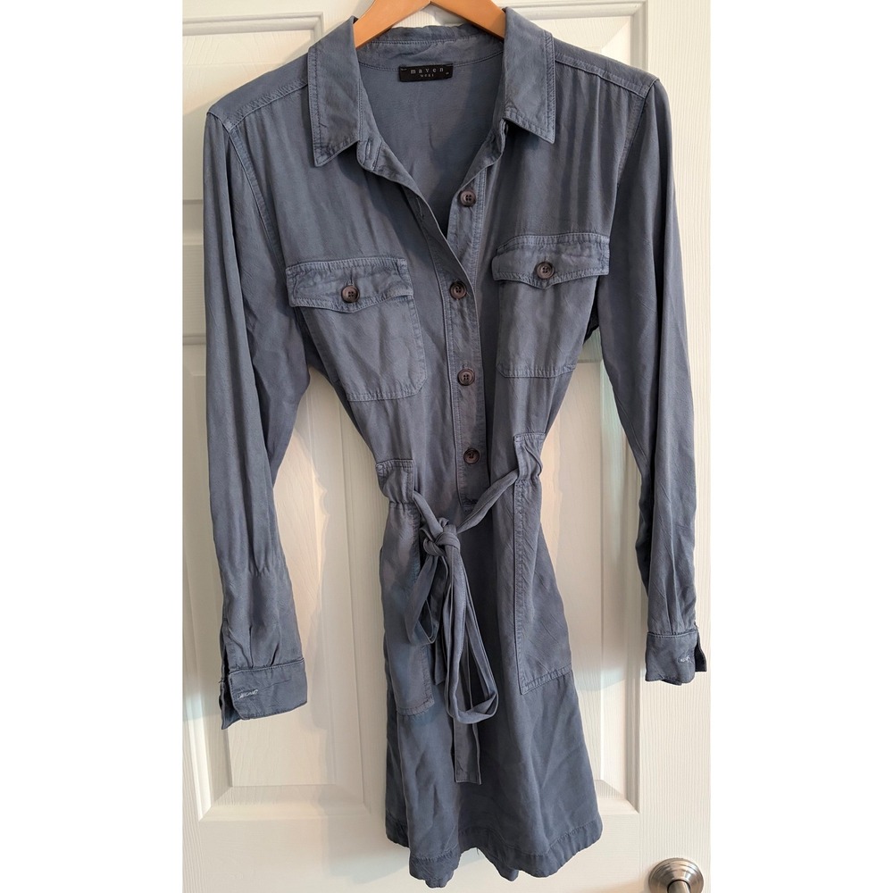 Maven West Women Blue Gray Tencel Utility Shirt Dress Long Sleeve Size M